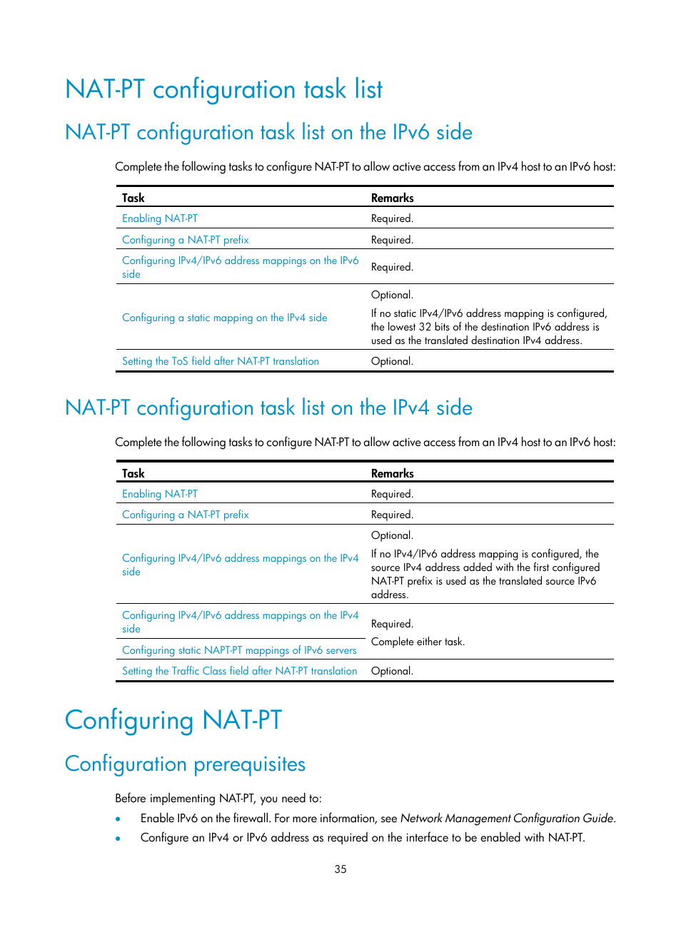 Nat-pt configuration task list, Nat-pt configuration task list on the ipv6 side, Nat-pt configuration task list on the ipv4 side | Configuring nat-pt, Configuration prerequisites | H3C Technologies H3C SecPath F1000-E User Manual | Page 42 / 68