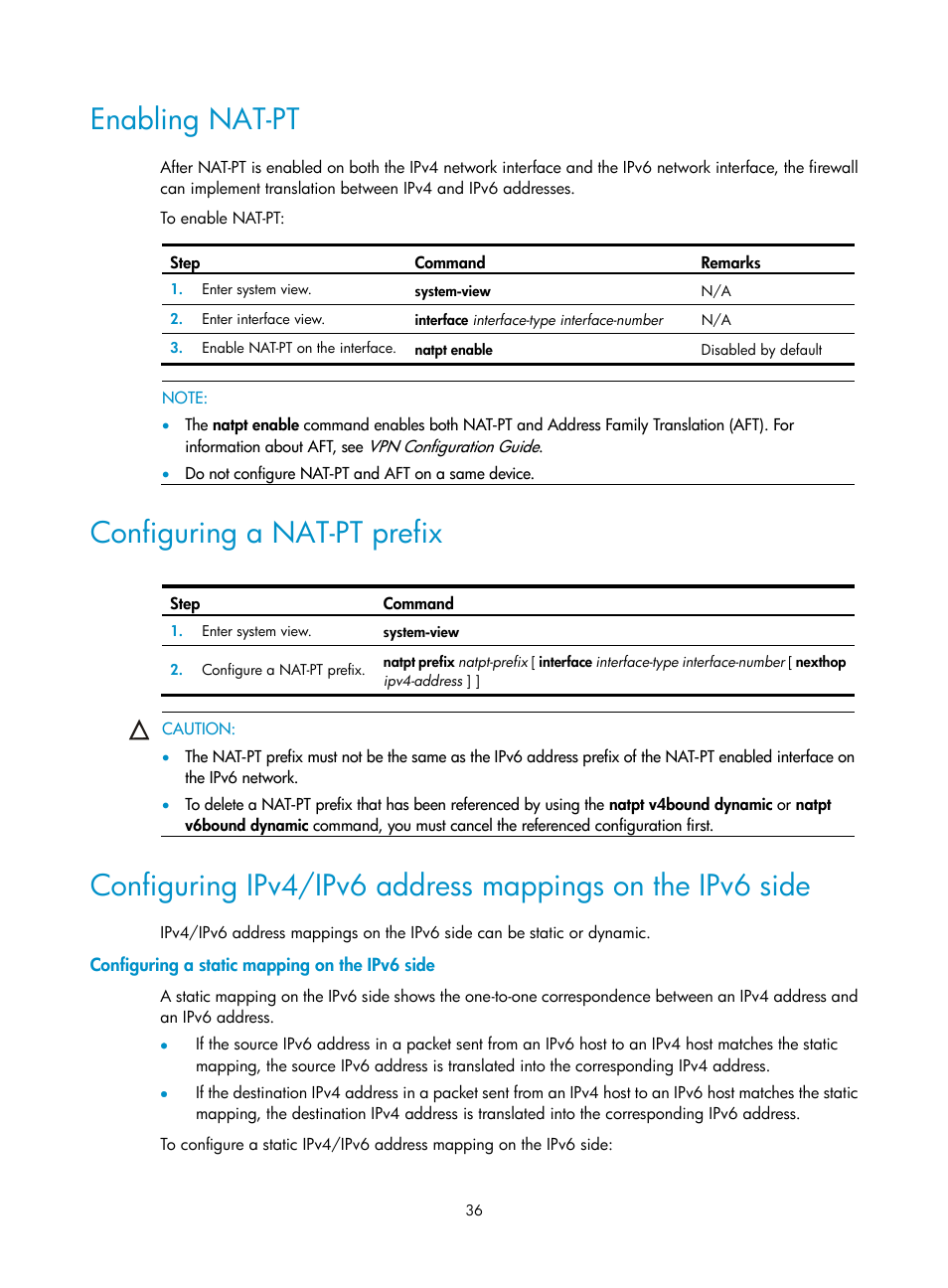 Enabling nat-pt, Configuring a nat-pt prefix, Configuring a static mapping on the ipv6 side | H3C Technologies H3C SecPath F1000-E User Manual | Page 43 / 68