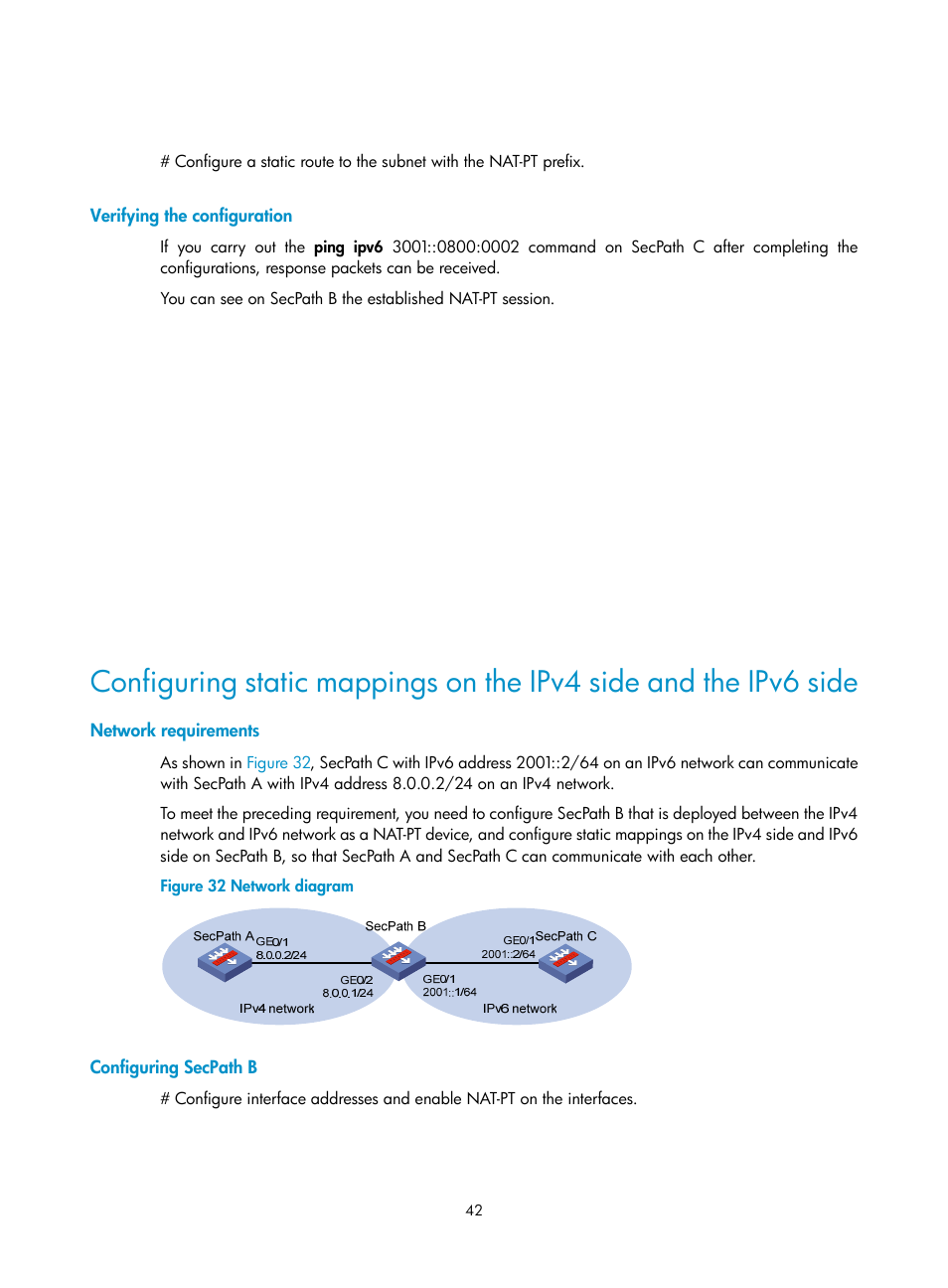 Verifying the configuration, Network requirements, Configuring secpath b | H3C Technologies H3C SecPath F1000-E User Manual | Page 49 / 68