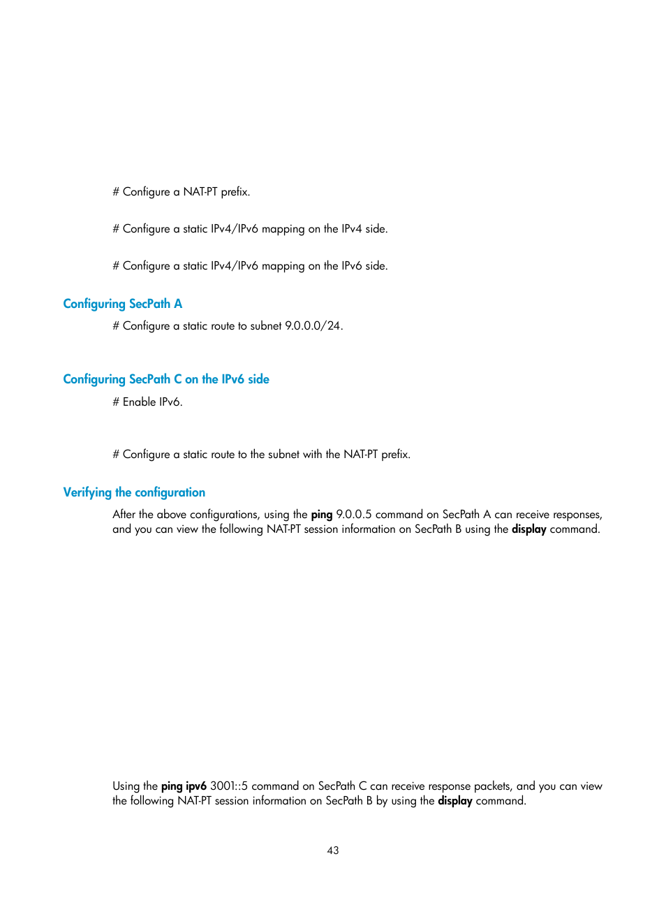 Configuring secpath a, Configuring secpath c on the ipv6 side, Verifying the configuration | H3C Technologies H3C SecPath F1000-E User Manual | Page 50 / 68