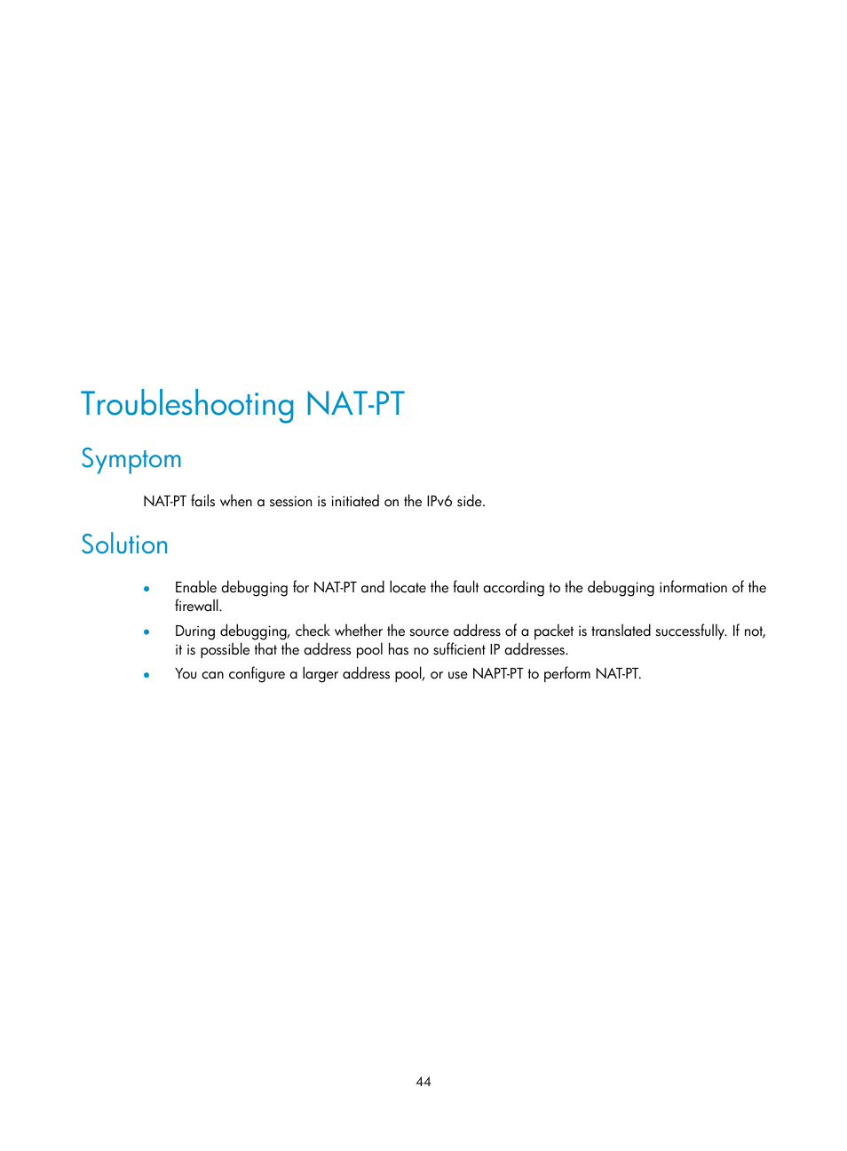 Troubleshooting nat-pt, Symptom, Solution | H3C Technologies H3C SecPath F1000-E User Manual | Page 51 / 68