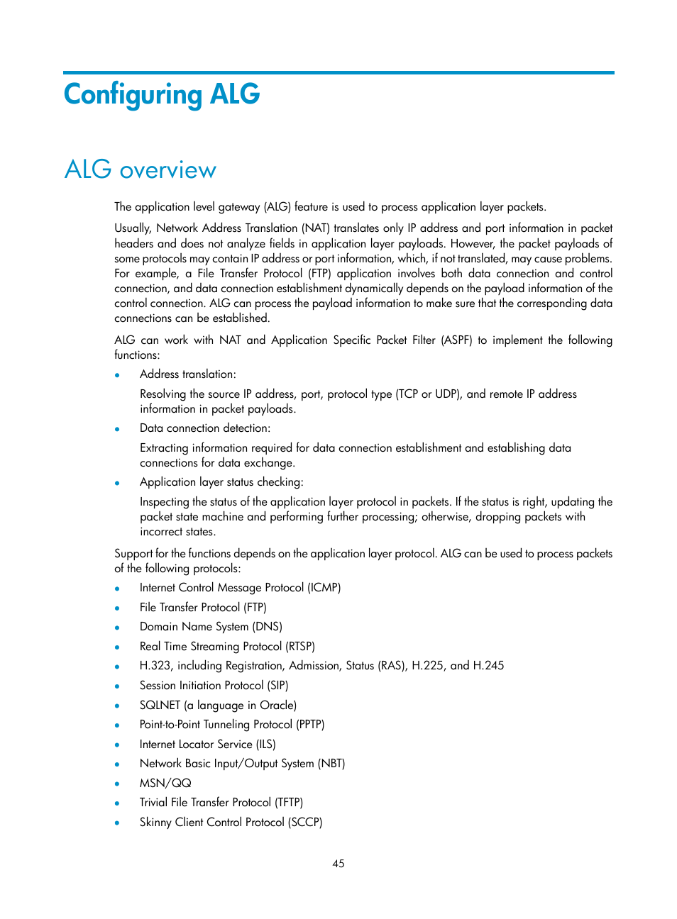 Configuring alg, Alg overview | H3C Technologies H3C SecPath F1000-E User Manual | Page 52 / 68