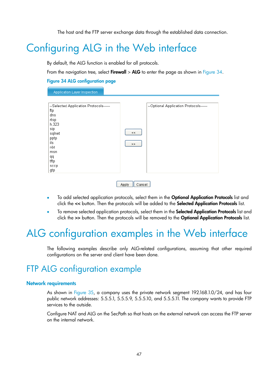 Configuring alg in the web interface, Alg configuration examples in the web interface, Ftp alg configuration example | Network requirements | H3C Technologies H3C SecPath F1000-E User Manual | Page 54 / 68