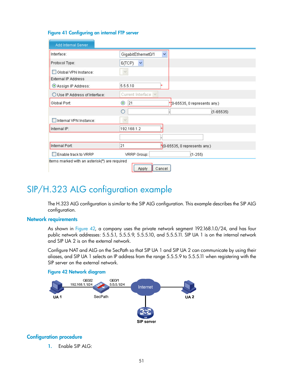 Sip/h.323 alg configuration example, Network requirements, Configuration procedure | Figure 41 | H3C Technologies H3C SecPath F1000-E User Manual | Page 58 / 68