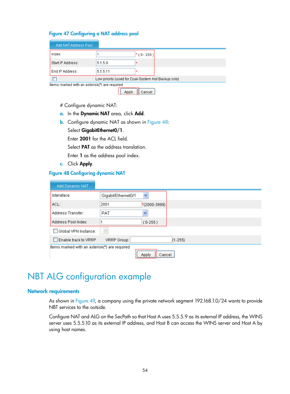 Nbt alg configuration example, Network requirements, Address pool as shown in | Figure 47 | H3C Technologies H3C SecPath F1000-E User Manual | Page 61 / 68