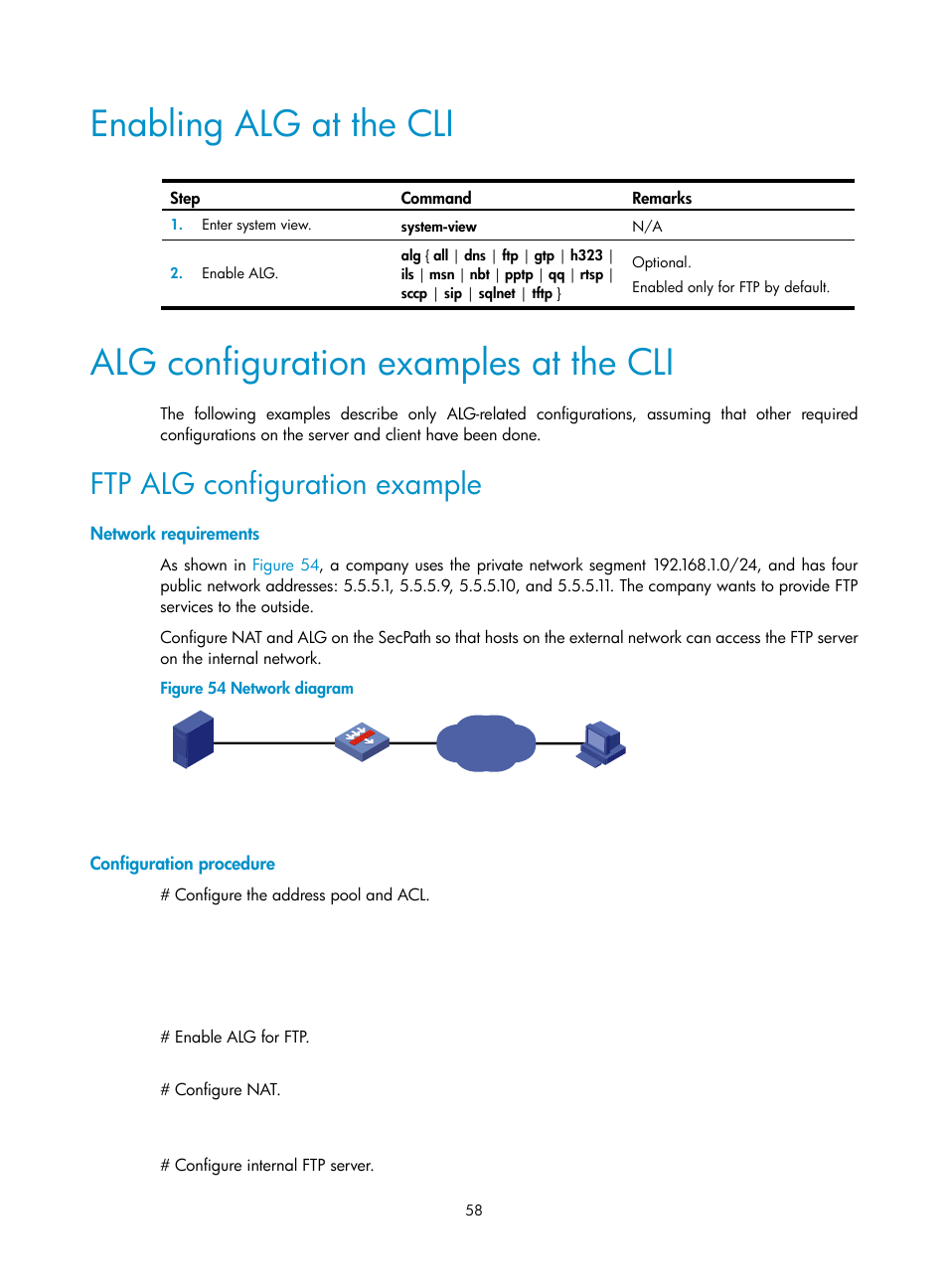 Enabling alg at the cli, Alg configuration examples at the cli, Ftp alg configuration example | Network requirements, Configuration procedure | H3C Technologies H3C SecPath F1000-E User Manual | Page 65 / 68