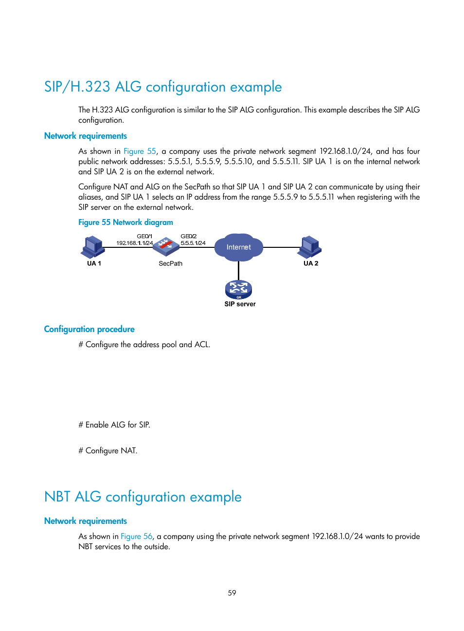 Sip/h.323 alg configuration example, Network requirements, Configuration procedure | Nbt alg configuration example | H3C Technologies H3C SecPath F1000-E User Manual | Page 66 / 68