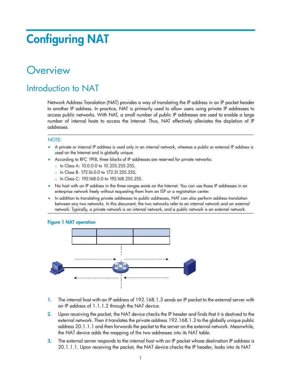 Configuring nat, Overview, Introduction to nat | H3C Technologies H3C SecPath F1000-E User Manual | Page 8 / 68