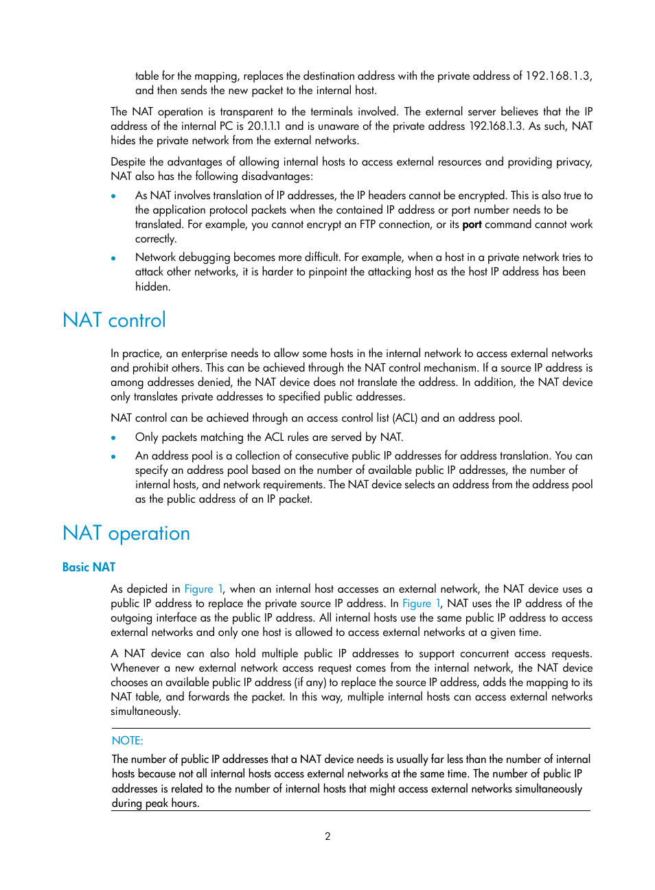 Nat control, Nat operation, Basic nat | H3C Technologies H3C SecPath F1000-E User Manual | Page 9 / 68