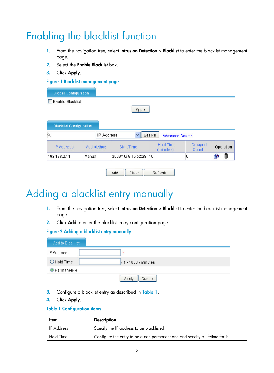 Enabling the blacklist function, Adding a blacklist entry manually, Enabling the blacklist | Function, Adding a blacklist entry, Manually | H3C Technologies H3C SecPath F1000-E User Manual | Page 10 / 99