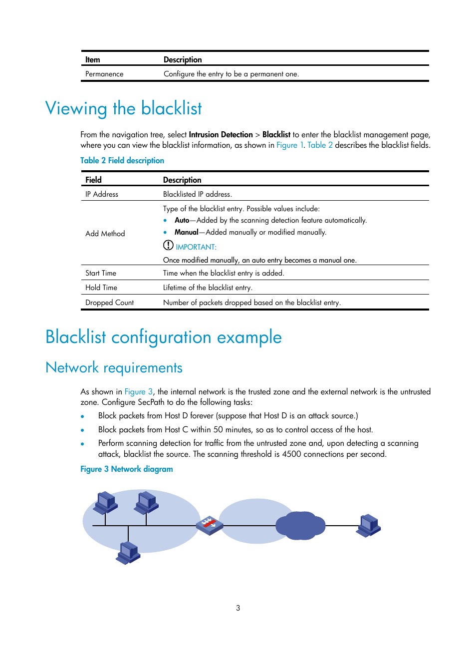 Viewing the blacklist, Blacklist configuration example, Network requirements | H3C Technologies H3C SecPath F1000-E User Manual | Page 11 / 99