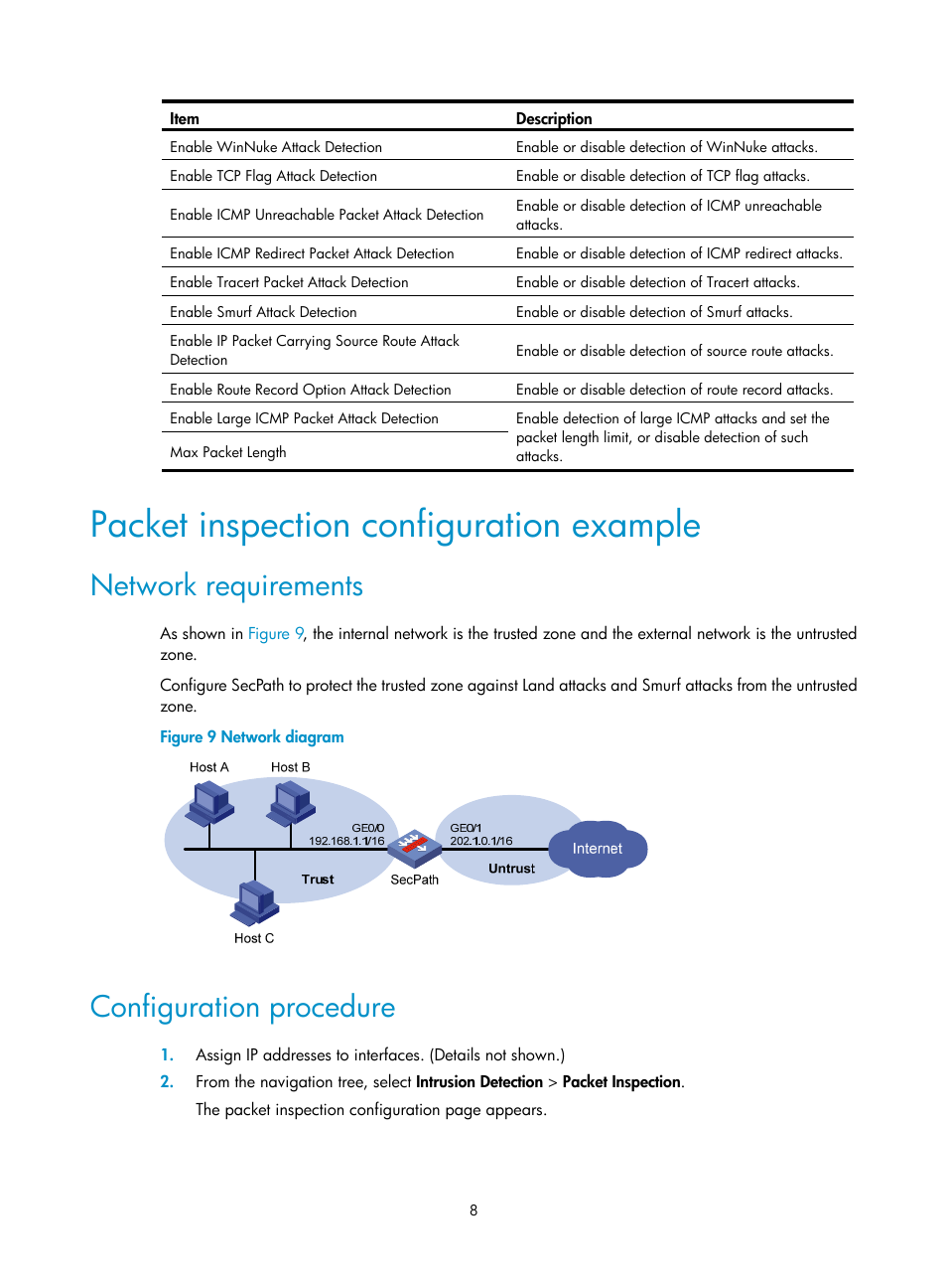 Packet inspection configuration example, Network requirements, Configuration procedure | H3C Technologies H3C SecPath F1000-E User Manual | Page 16 / 99