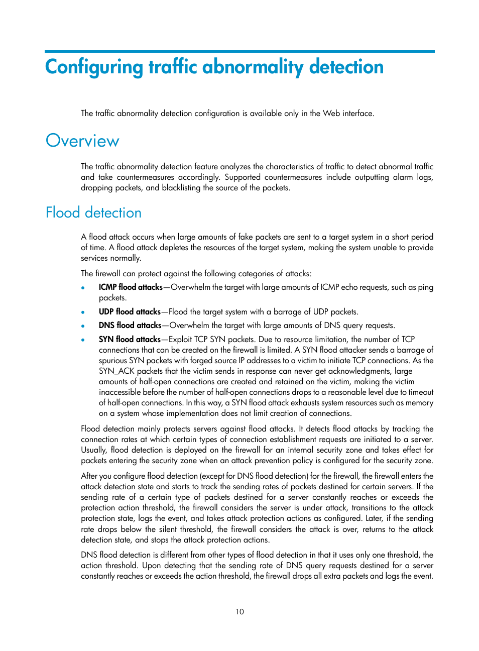 Configuring traffic abnormality detection, Overview, Flood detection | H3C Technologies H3C SecPath F1000-E User Manual | Page 18 / 99