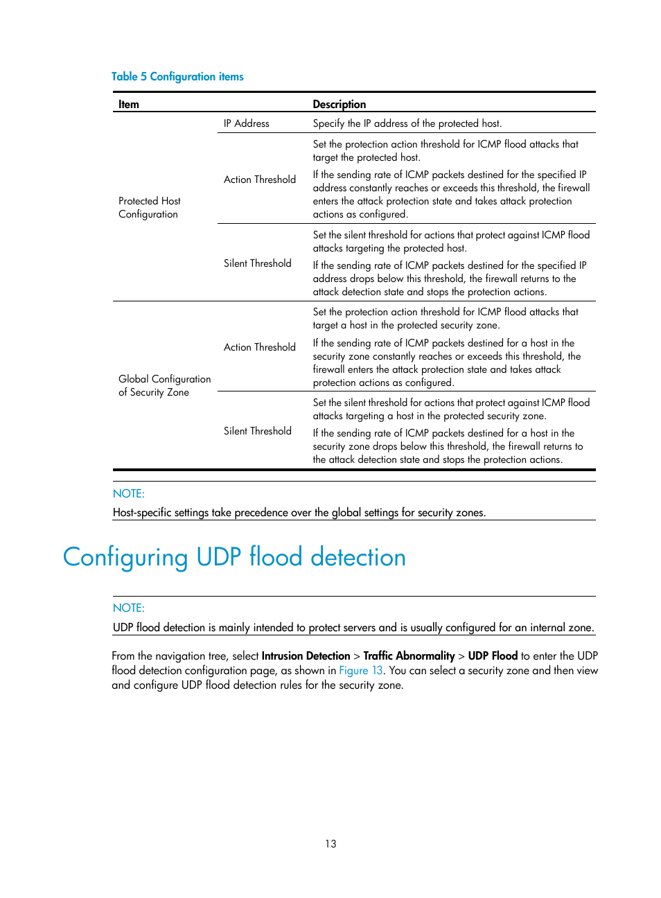 Configuring udp flood detection, Table 5 | H3C Technologies H3C SecPath F1000-E User Manual | Page 21 / 99