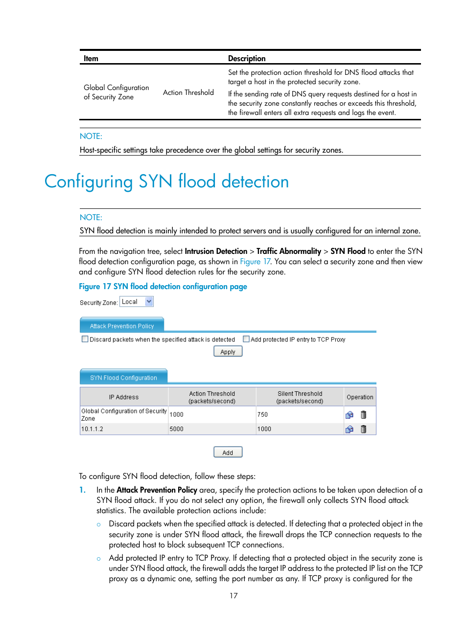 Configuring syn flood detection | H3C Technologies H3C SecPath F1000-E User Manual | Page 25 / 99