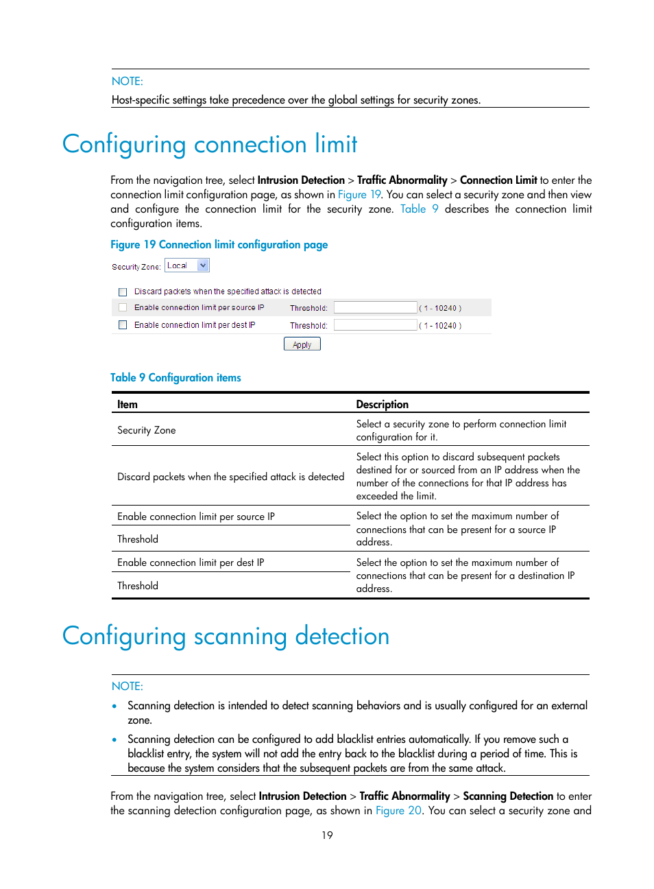 Configuring connection limit, Configuring scanning detection | H3C Technologies H3C SecPath F1000-E User Manual | Page 27 / 99