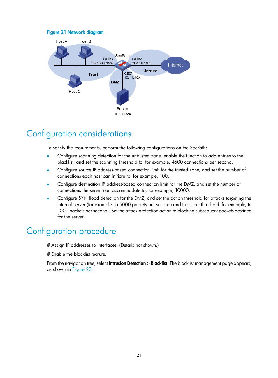 Configuration considerations, Configuration procedure, N in | Figure 21, The in | H3C Technologies H3C SecPath F1000-E User Manual | Page 29 / 99