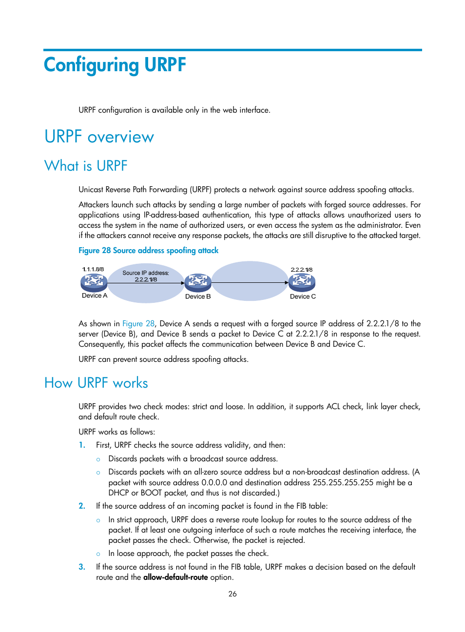 Configuring urpf, Urpf overview, What is urpf | How urpf works | H3C Technologies H3C SecPath F1000-E User Manual | Page 34 / 99