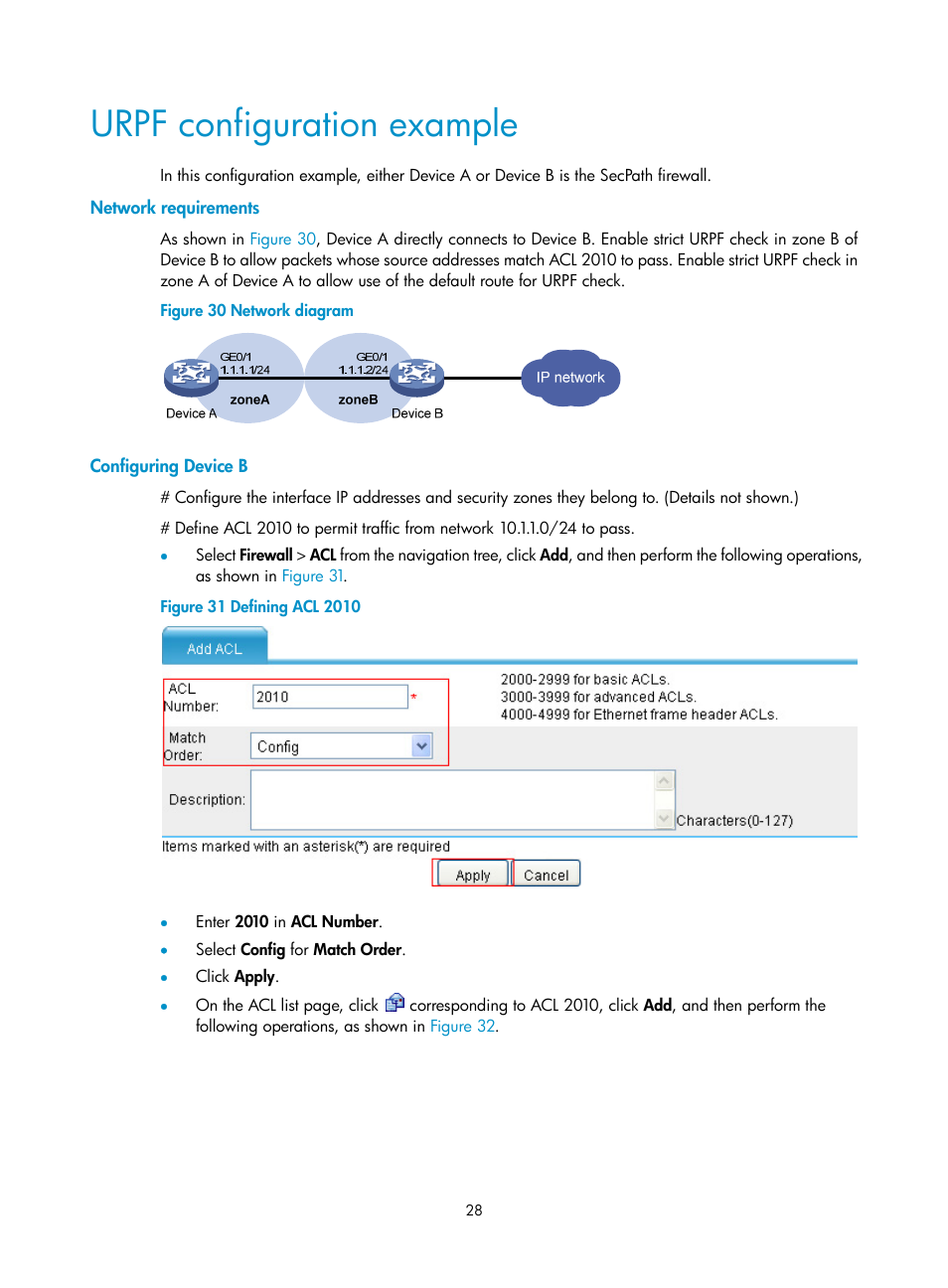 Urpf configuration example, Network requirements, Configuring device b | H3C Technologies H3C SecPath F1000-E User Manual | Page 36 / 99