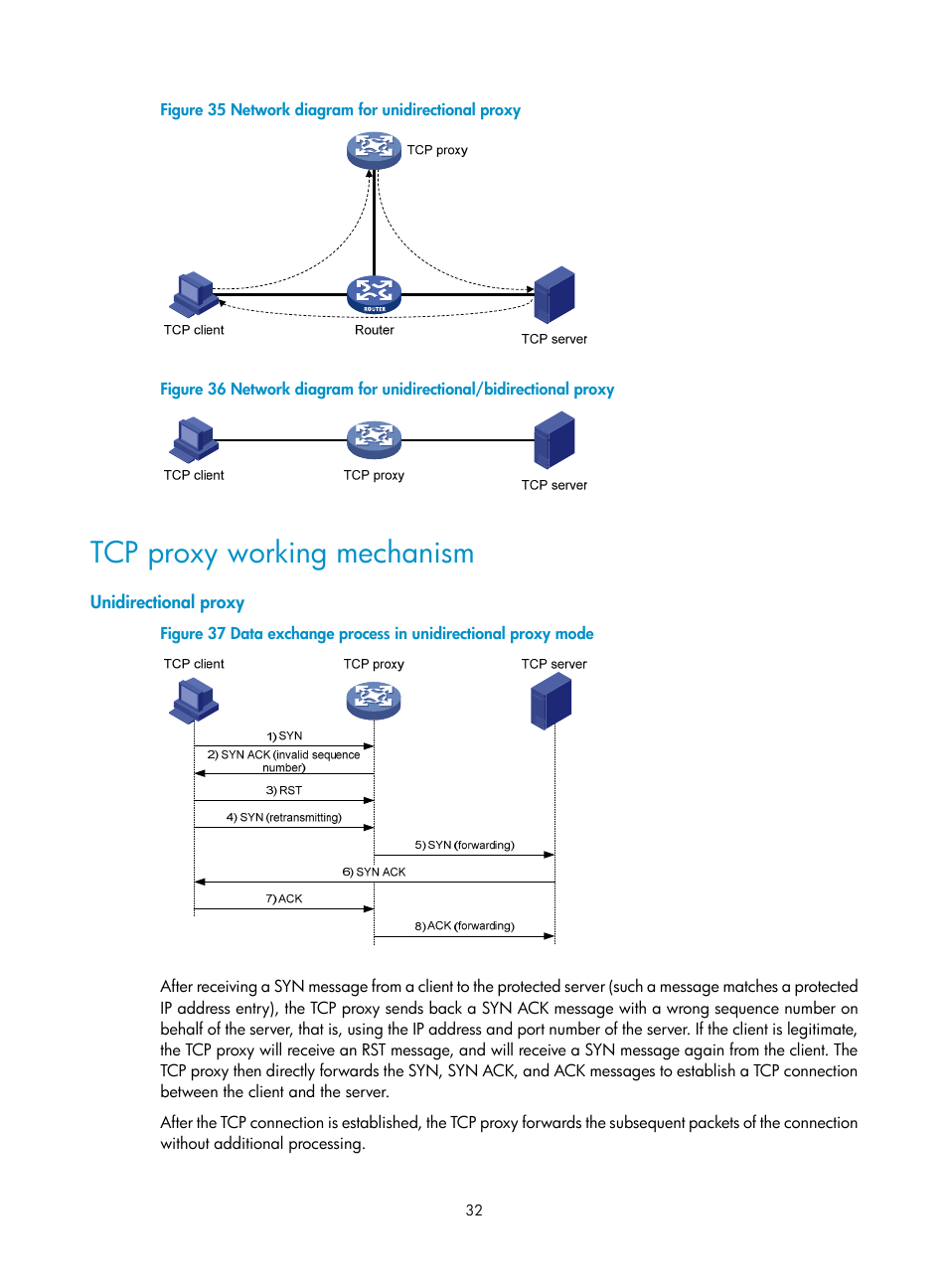 Tcp proxy working mechanism, Unidirectional proxy | H3C Technologies H3C SecPath F1000-E User Manual | Page 40 / 99