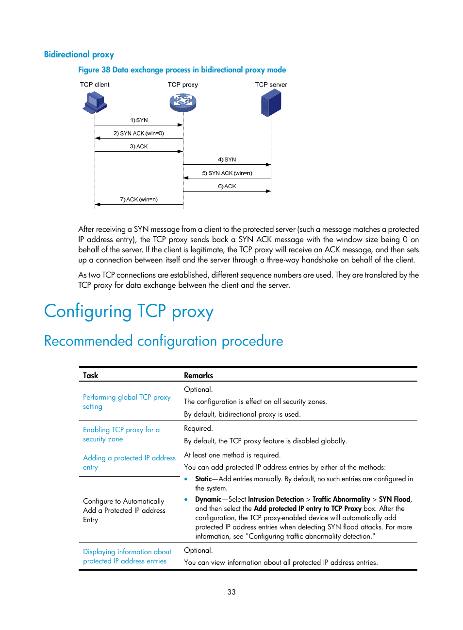 Bidirectional proxy, Configuring tcp proxy, Recommended configuration procedure | H3C Technologies H3C SecPath F1000-E User Manual | Page 41 / 99