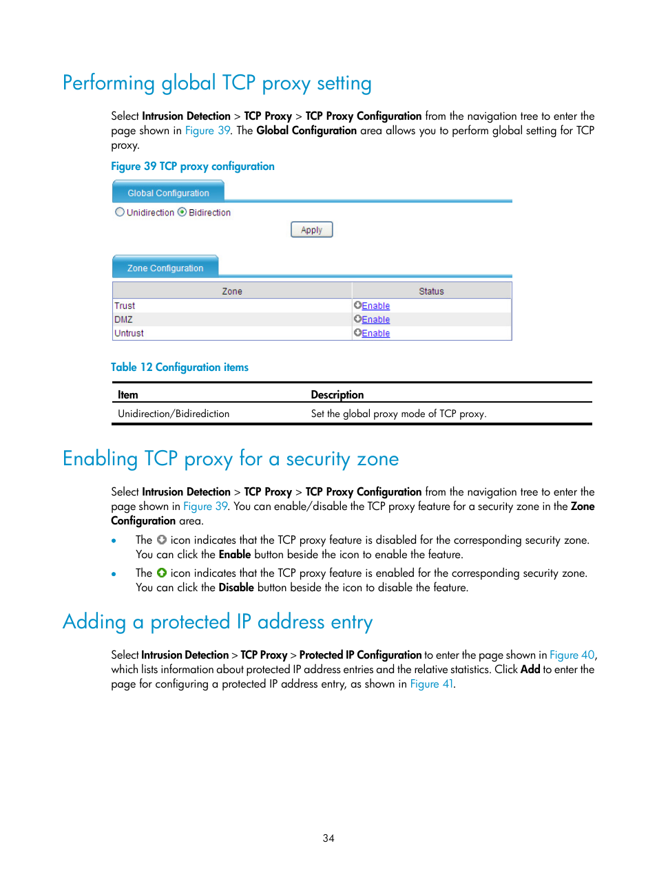 Performing global tcp proxy setting, Enabling tcp proxy for a security zone, Adding a protected ip address entry | H3C Technologies H3C SecPath F1000-E User Manual | Page 42 / 99