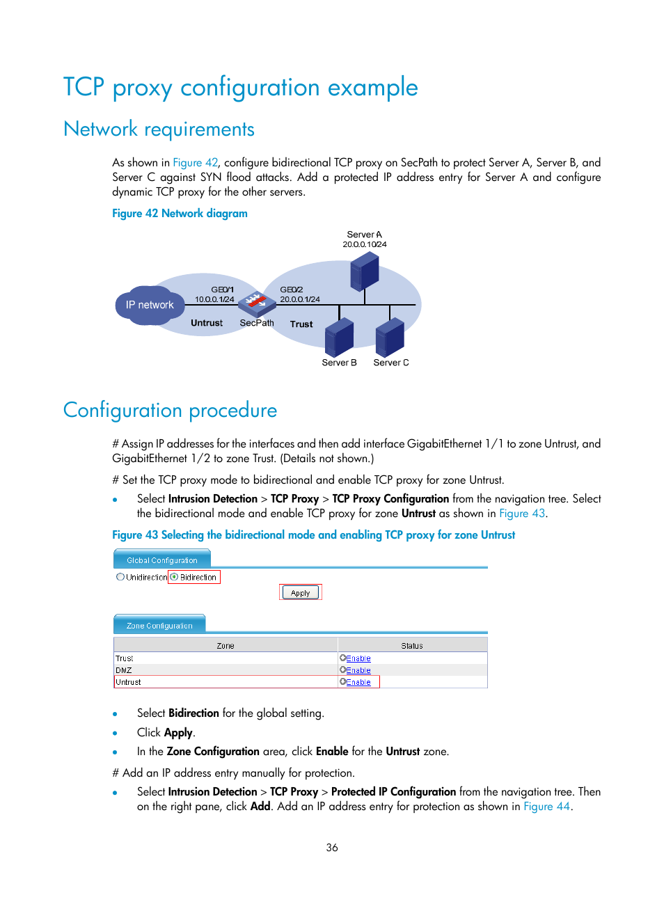 Tcp proxy configuration example, Network requirements, Configuration procedure | H3C Technologies H3C SecPath F1000-E User Manual | Page 44 / 99