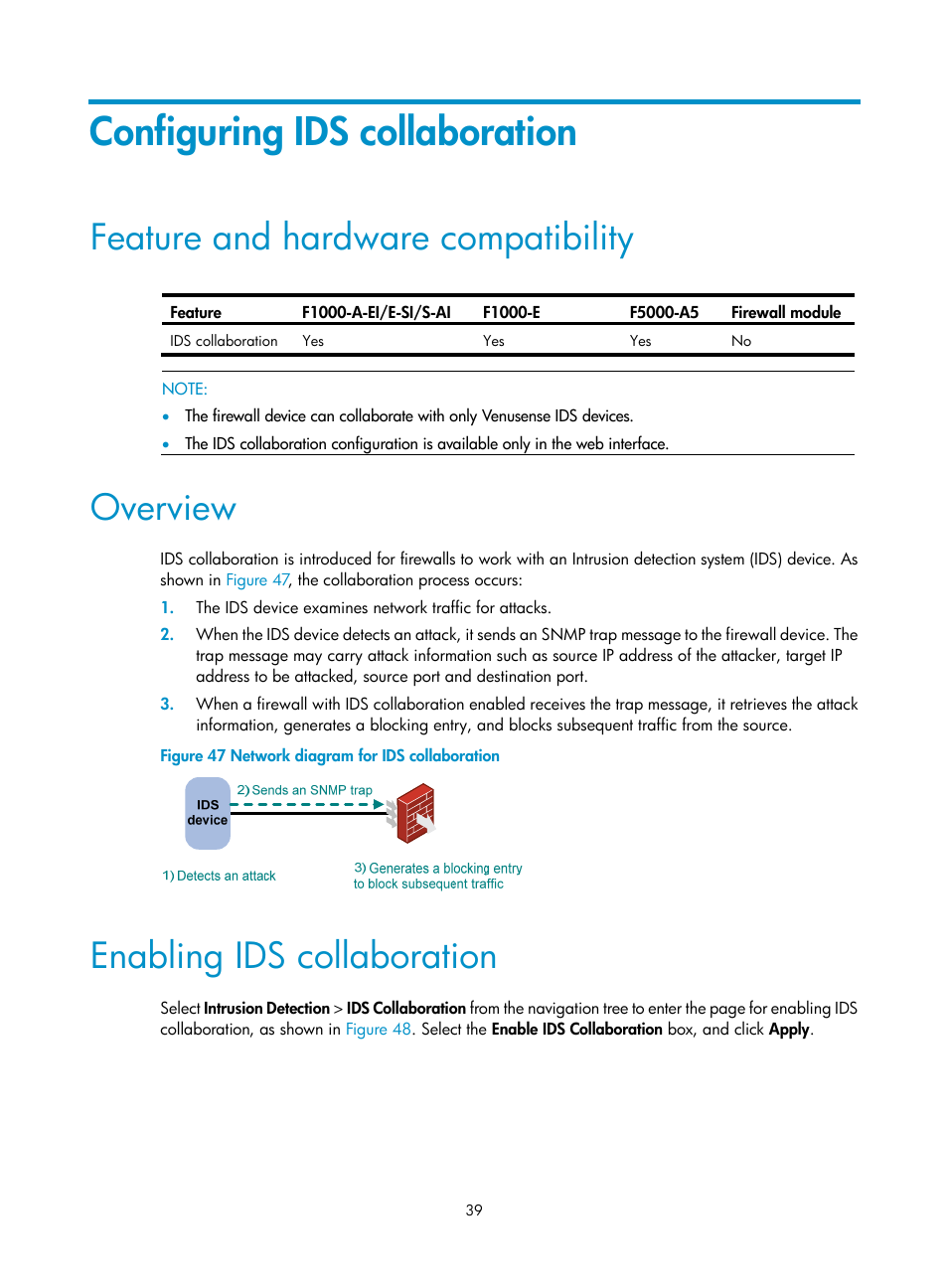 Configuring ids collaboration, Feature and hardware compatibility, Overview | Enabling ids collaboration | H3C Technologies H3C SecPath F1000-E User Manual | Page 47 / 99