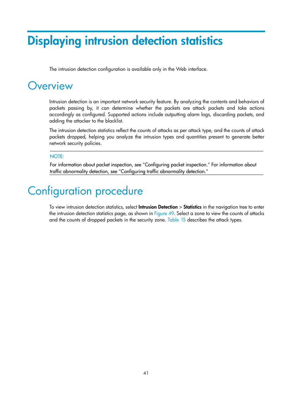 Displaying intrusion detection statistics, Overview, Configuration procedure | H3C Technologies H3C SecPath F1000-E User Manual | Page 49 / 99