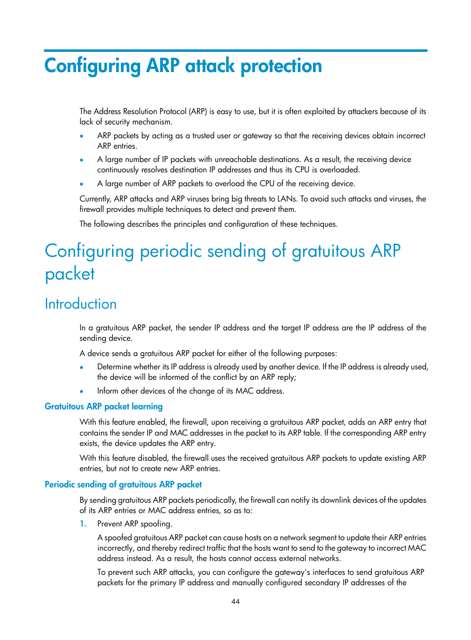 Configuring arp attack protection, Introduction, Gratuitous arp packet learning | Periodic sending of gratuitous arp packet | H3C Technologies H3C SecPath F1000-E User Manual | Page 52 / 99