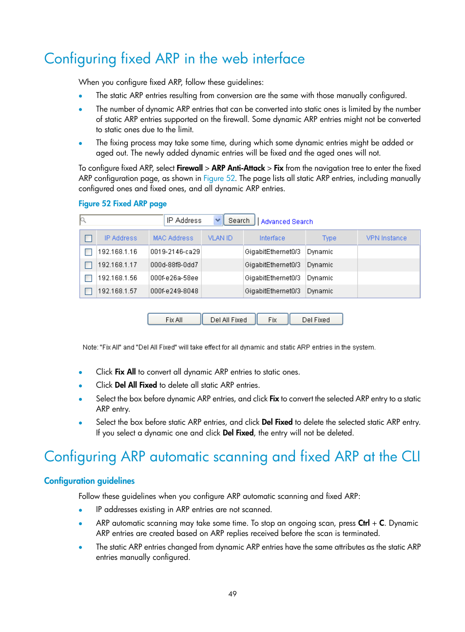 Configuring fixed arp in the web interface, Configuration guidelines | H3C Technologies H3C SecPath F1000-E User Manual | Page 57 / 99