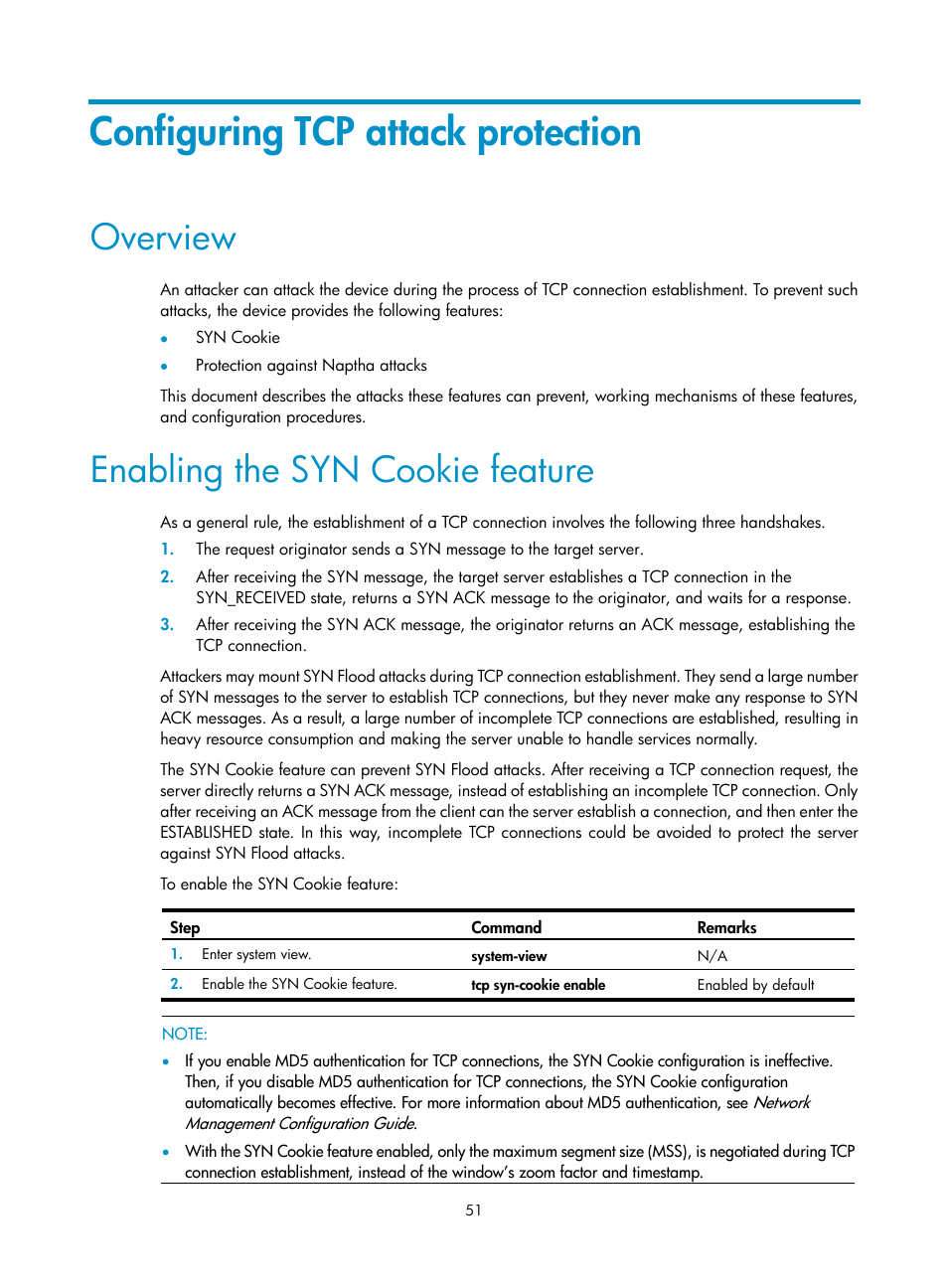 Configuring tcp attack protection, Overview, Enabling the syn cookie feature | H3C Technologies H3C SecPath F1000-E User Manual | Page 59 / 99