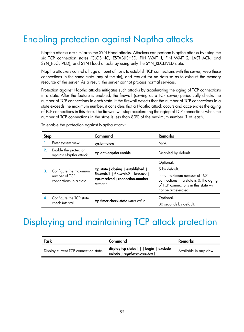 Enabling protection against naptha attacks, Displaying and maintaining tcp attack protection | H3C Technologies H3C SecPath F1000-E User Manual | Page 60 / 99