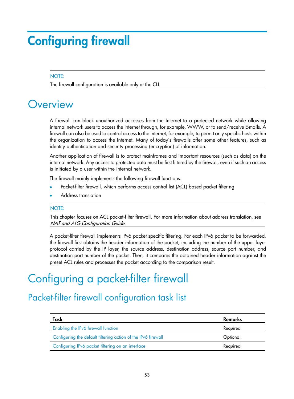 Configuring firewall, Overview, Configuring a packet-filter firewall | Packet-filter firewall configuration task list | H3C Technologies H3C SecPath F1000-E User Manual | Page 61 / 99