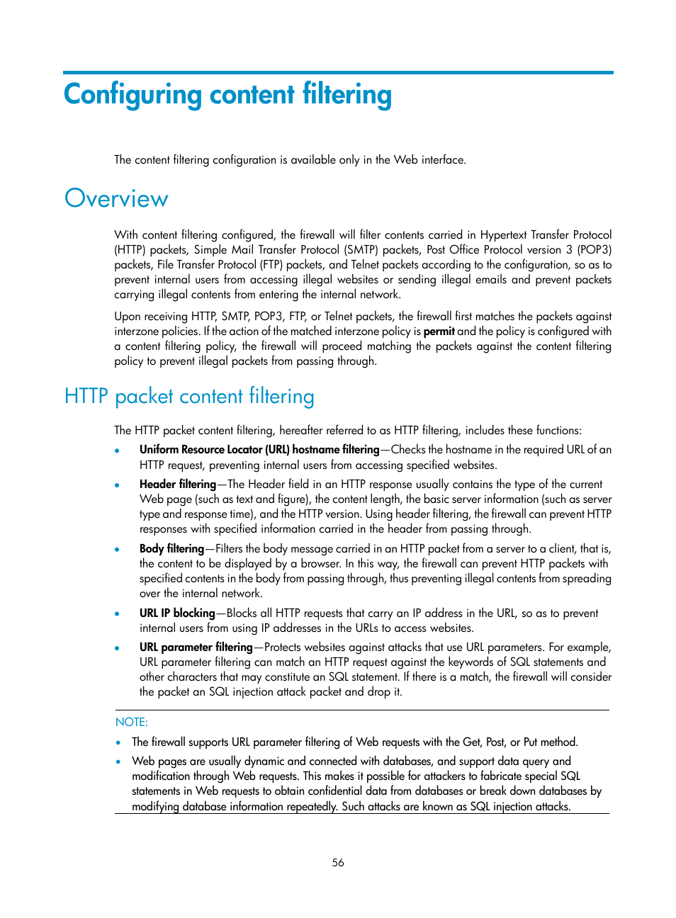 Configuring content filtering, Overview, Http packet content filtering | H3C Technologies H3C SecPath F1000-E User Manual | Page 64 / 99