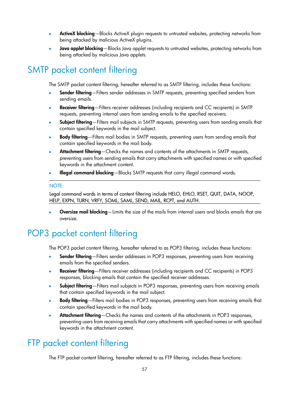 Smtp packet content filtering, Pop3 packet content filtering, Ftp packet content filtering | H3C Technologies H3C SecPath F1000-E User Manual | Page 65 / 99