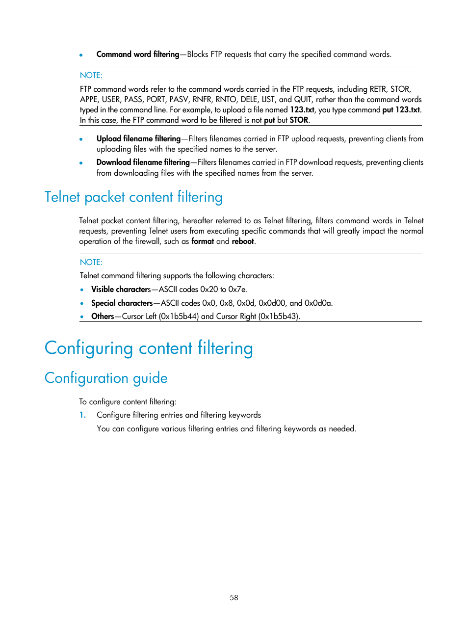 Telnet packet content filtering, Configuring content filtering, Configuration guide | H3C Technologies H3C SecPath F1000-E User Manual | Page 66 / 99