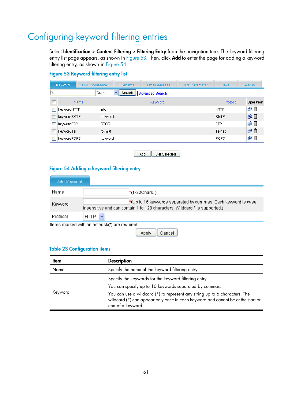 Configuring keyword filtering entries | H3C Technologies H3C SecPath F1000-E User Manual | Page 69 / 99