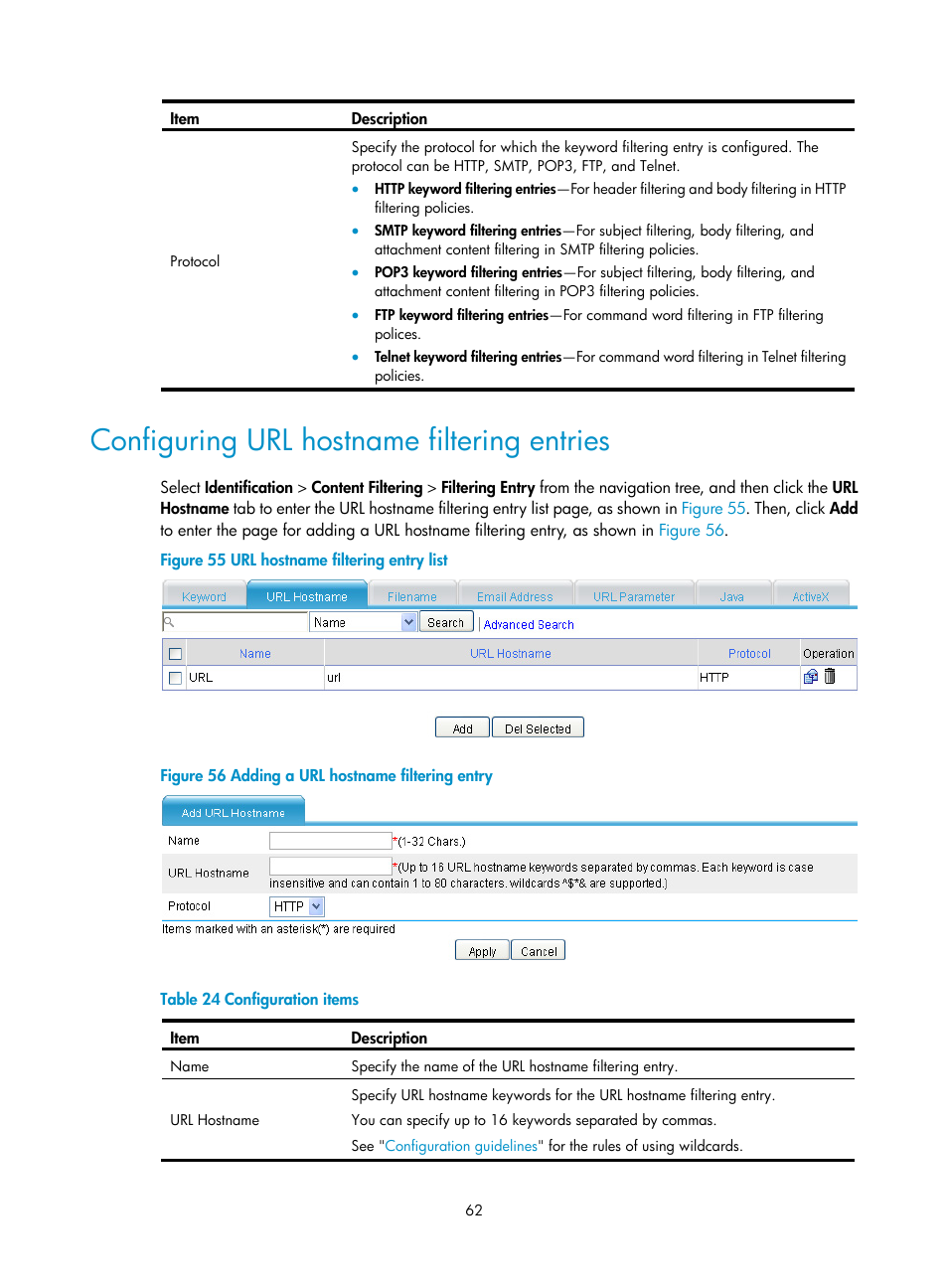 Configuring url hostname filtering entries | H3C Technologies H3C SecPath F1000-E User Manual | Page 70 / 99