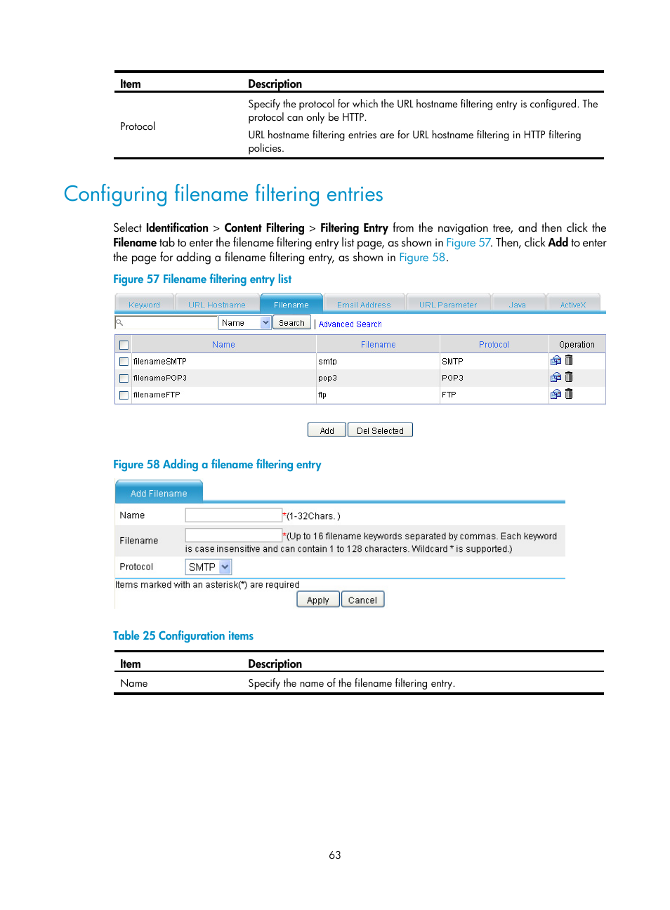 Configuring filename filtering entries | H3C Technologies H3C SecPath F1000-E User Manual | Page 71 / 99