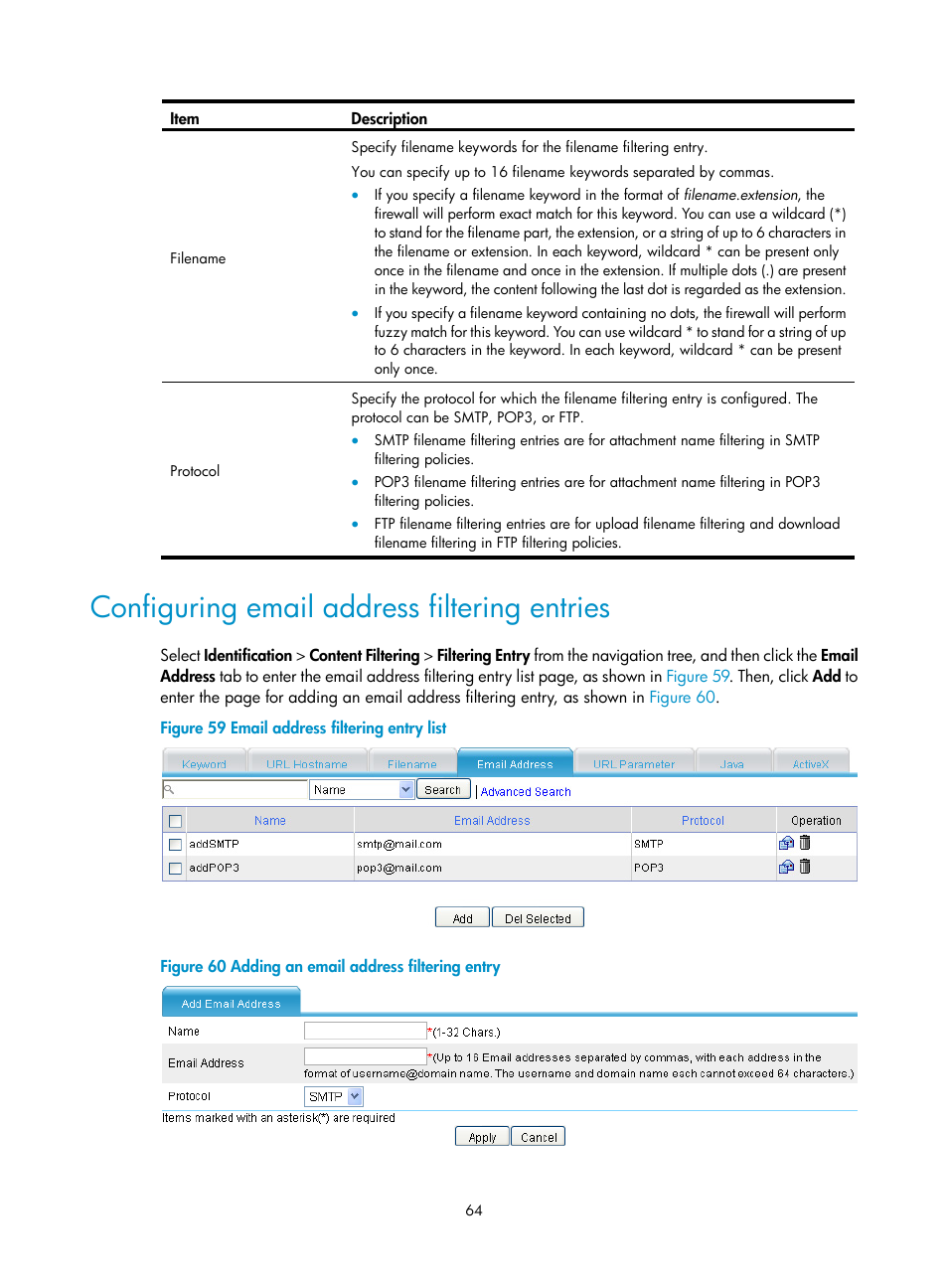 Configuring email address filtering entries | H3C Technologies H3C SecPath F1000-E User Manual | Page 72 / 99