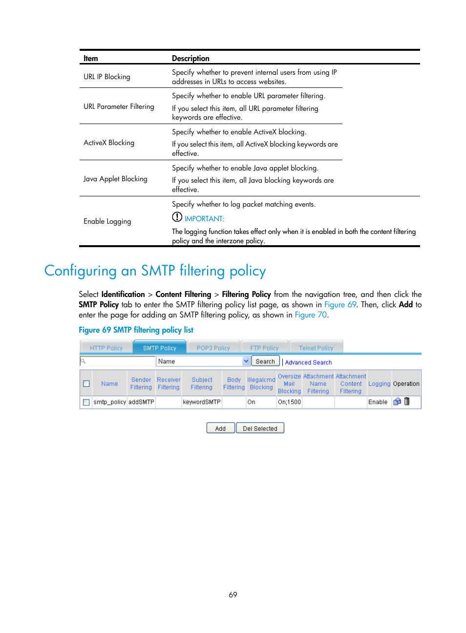 Configuring an smtp filtering policy | H3C Technologies H3C SecPath F1000-E User Manual | Page 77 / 99