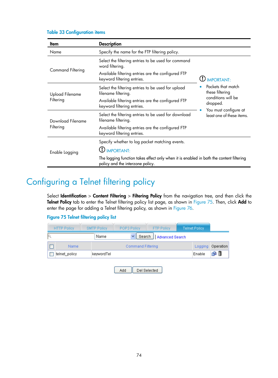 Configuring a telnet filtering policy | H3C Technologies H3C SecPath F1000-E User Manual | Page 82 / 99