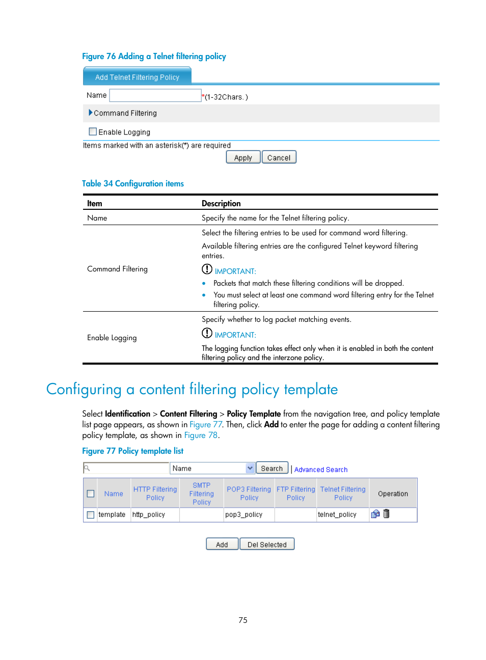 Configuring a content filtering policy template, N in, Figure 76 | H3C Technologies H3C SecPath F1000-E User Manual | Page 83 / 99