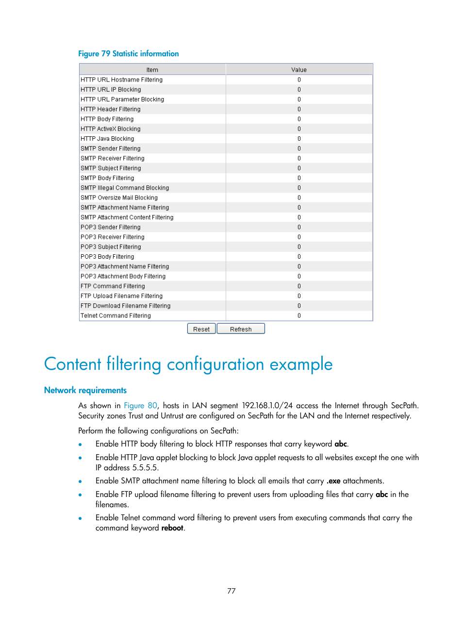 Content filtering configuration example, Network requirements | H3C Technologies H3C SecPath F1000-E User Manual | Page 85 / 99