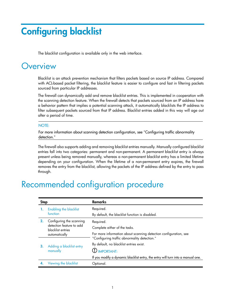 Configuring blacklist, Overview, Recommended configuration procedure | H3C Technologies H3C SecPath F1000-E User Manual | Page 9 / 99