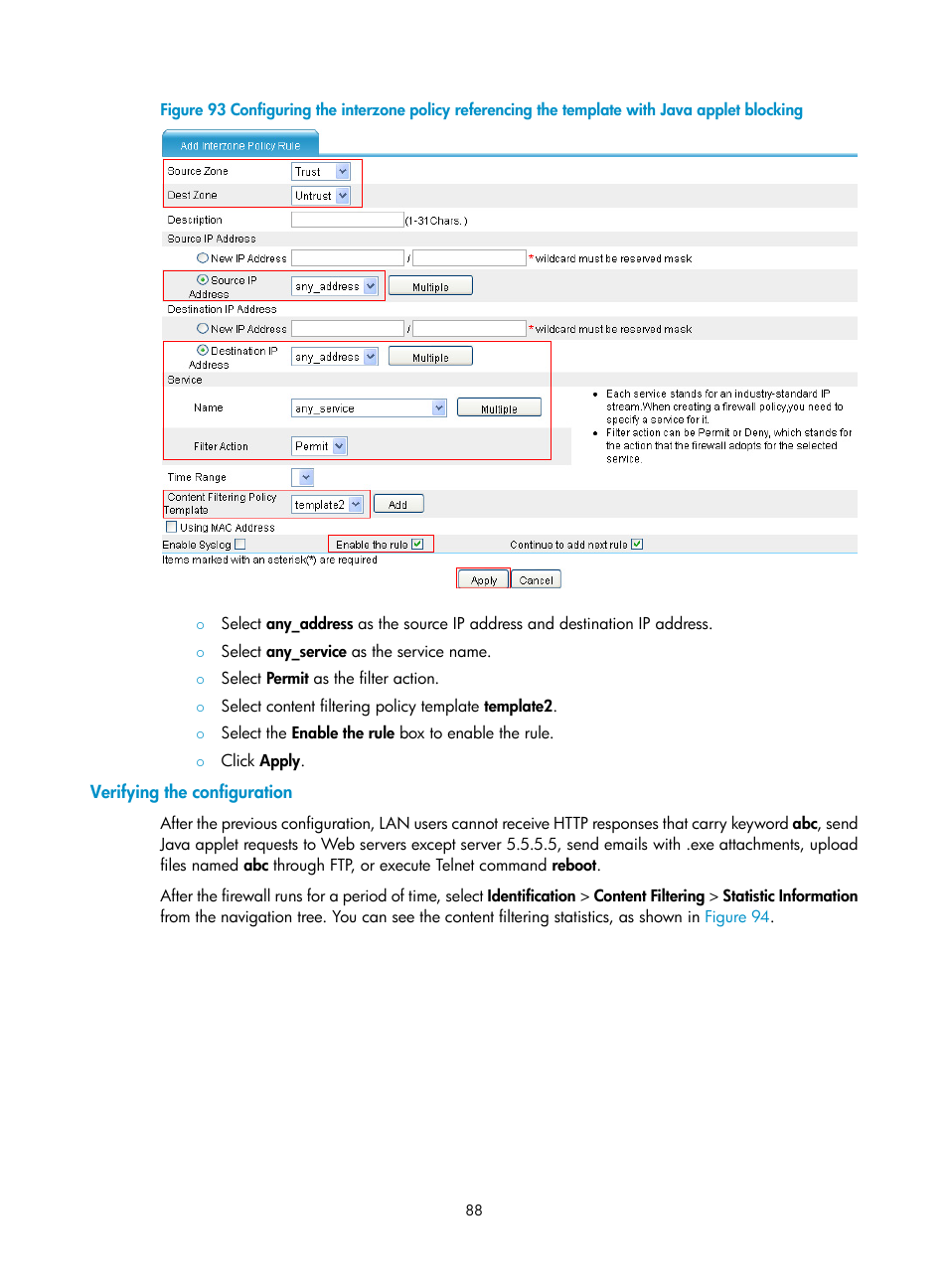 Verifying the configuration | H3C Technologies H3C SecPath F1000-E User Manual | Page 96 / 99