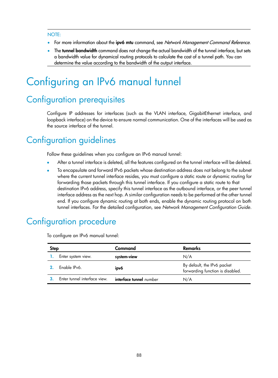 Configuring an ipv6 manual tunnel, Configuration prerequisites, Configuration guidelines | Configuration procedure | H3C Technologies H3C SecPath F1000-E User Manual | Page 100 / 490