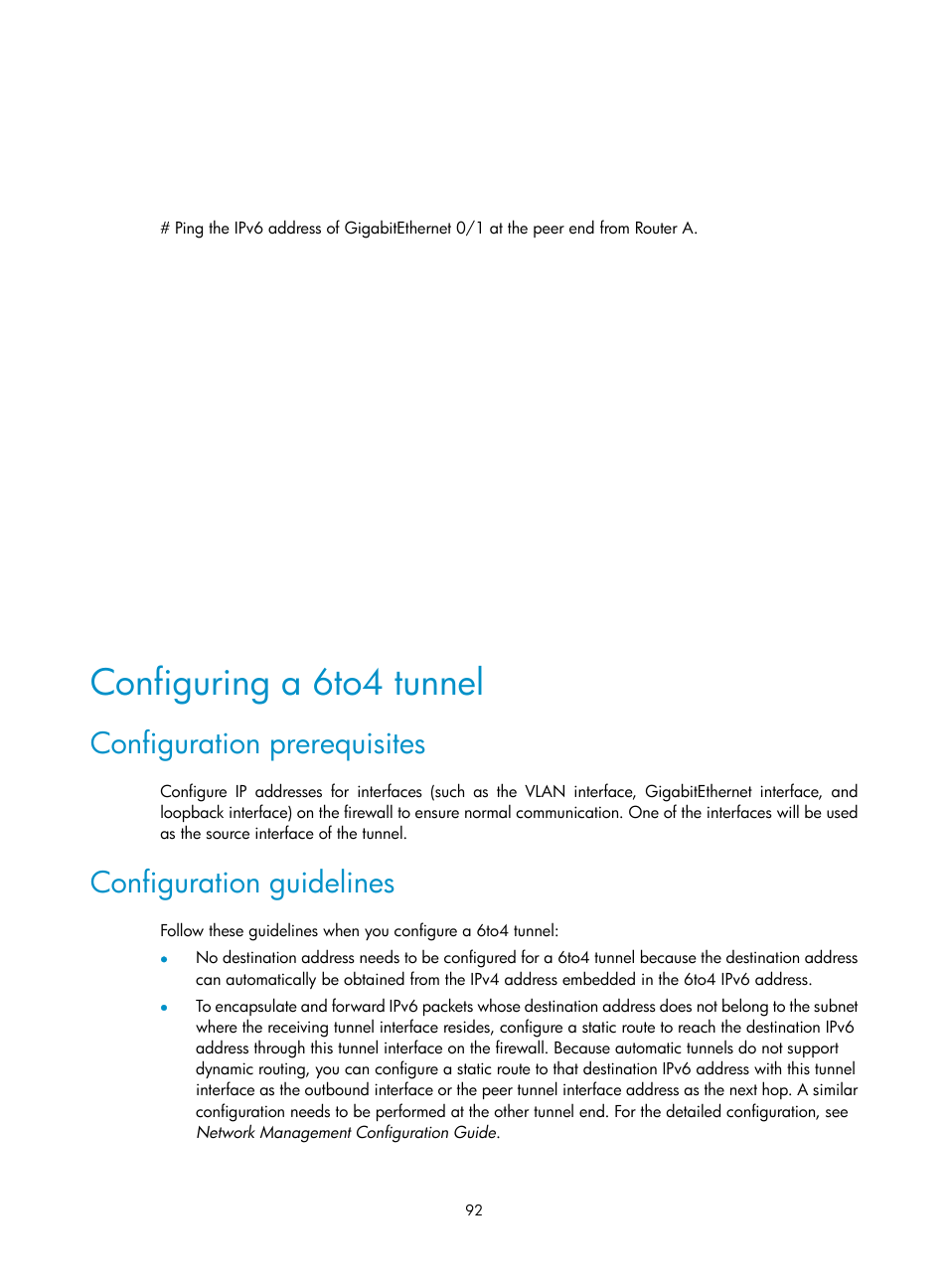 Configuring a 6to4 tunnel, Configuration prerequisites, Configuration guidelines | H3C Technologies H3C SecPath F1000-E User Manual | Page 104 / 490