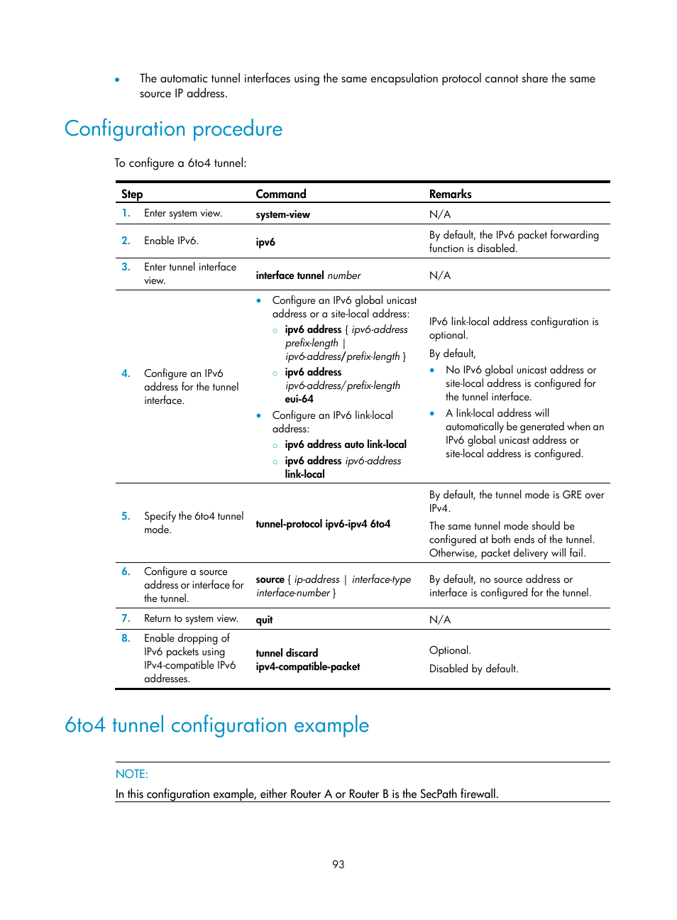 Configuration procedure, 6to4 tunnel configuration example | H3C Technologies H3C SecPath F1000-E User Manual | Page 105 / 490